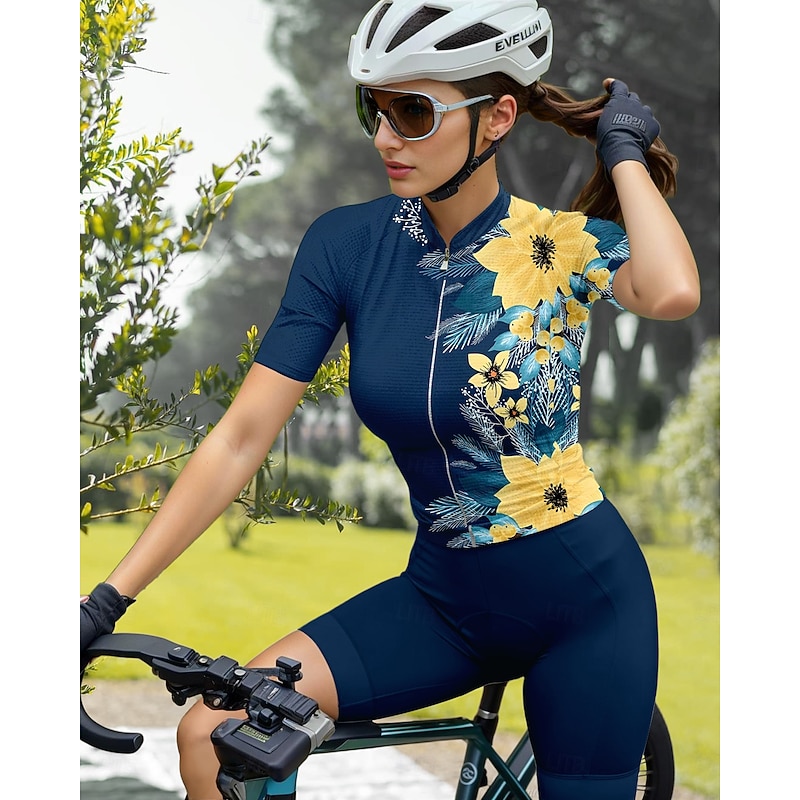 Women's Cycling Jersey Graphic Floral Botanical Short Sleeve Bike Jersey Top with 3 Rear Pockets Sunscreen UV Resistant Quick Dry Reflective Strips Sports Navy Blue Clothing Apparel