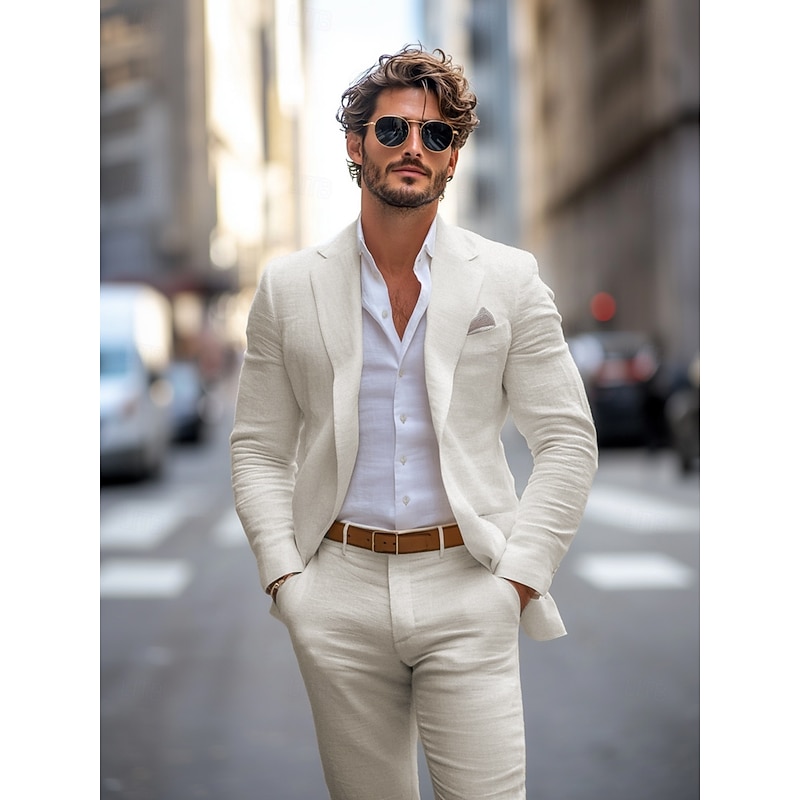 Men's Casual Beach Wedding Linen Suits Beige Daily Lightweight Solid Colored Standard Fit 2 Piece Single Breasted One-button2