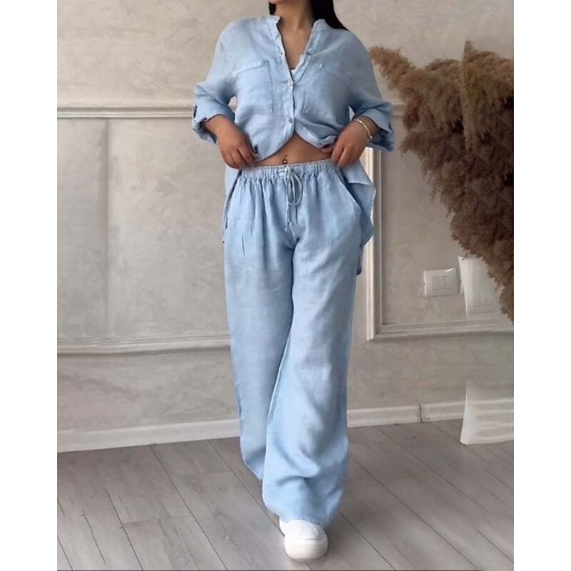 Women's Active Shirt Blouse Pants Sets Long Sleeve Shirt Collar Solid Color Dubbele Rij Knopen Outdoor Weekend White Yellow Pink Summer Regular Fit3