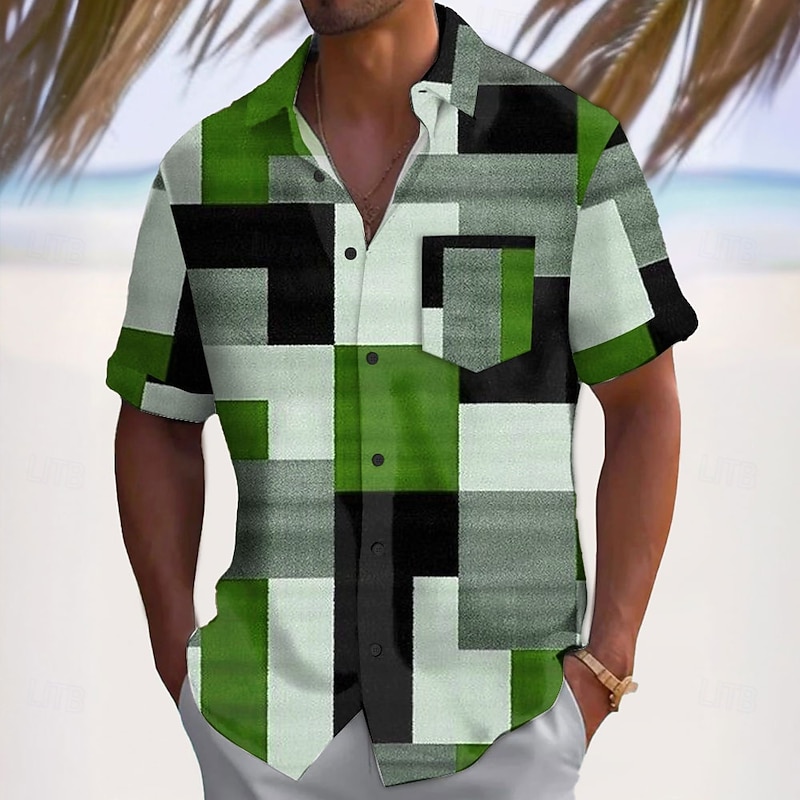 Men's Geometric Color Block Patchwork Shirt Casual Shirt Button Up Shirt Short Sleeve Fashion Casual Vacation Dailywear Holiday Summer Spring Turndown 3D Print Collared Shirts Front One Pocket Red4