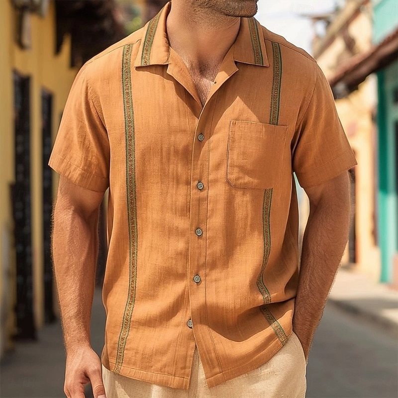 Men's Shirt Linen Shirt Guayabera Shirt Summer Shirt Beach Shirt Summer Hawaiian Shirt Solid Color Vacation Street Brown Short Sleeve Camp Collar Summer Spring & Summer Clothing Apparel Patchwork2
