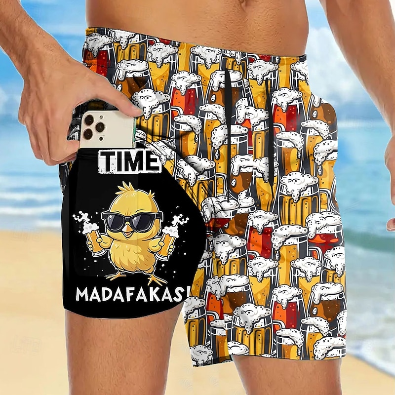 Men's Funny Beer Duck Lined Shorts 2 in 1 Board Shorts Swim Shorts Mid Waist Hawaiian Vacation Holiday Beach Wear Side Pockets With Compression Liner Elastic Drawstring Waist Designer Clothing Apparel