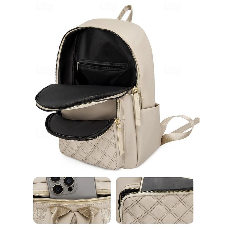Women's Quilted Nylon Backpack - Stylish Beige Fashion Backpack with Gold Zippers, Multi-compartment Design, Perfect for Daily Use, School or Travel3