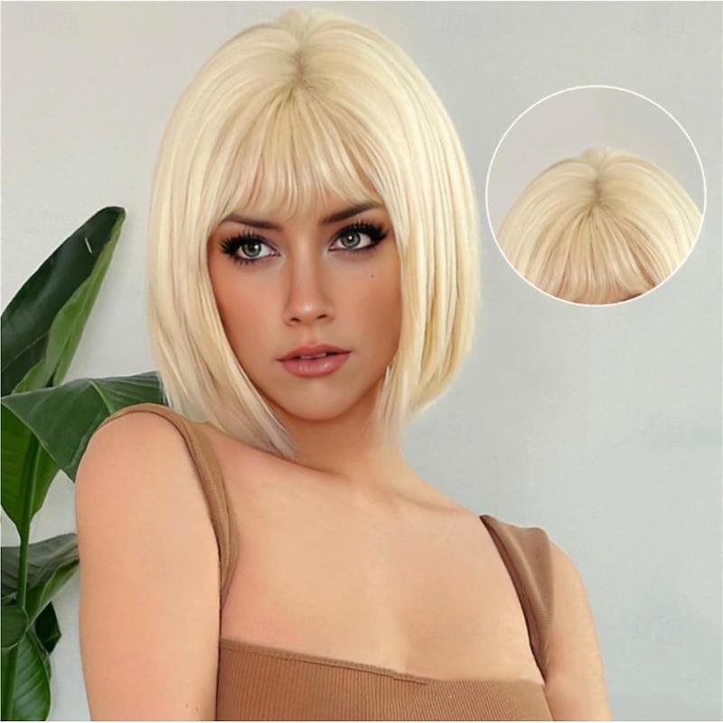 Short Blonde Bob Wigs for Women Blonde Wig with Bangs for Party3