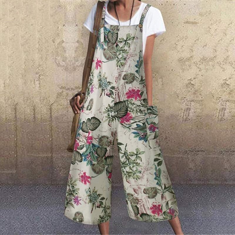 Women's Wide Leg Bib Tights Jumpsuit Fashion Streetwear Comfort Calf-Length Mid Waist Floral Pocket Comfy Outdoor Comfortable Street Daily Wear Going out Yellow Light Green Red Blue Summer Regular Fit4