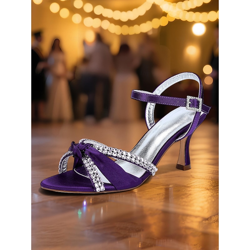 Women's Purple Satin Rhinestone Heeled Sandals – Elegant Knot Prom Heels for Wedding and Dance Nights