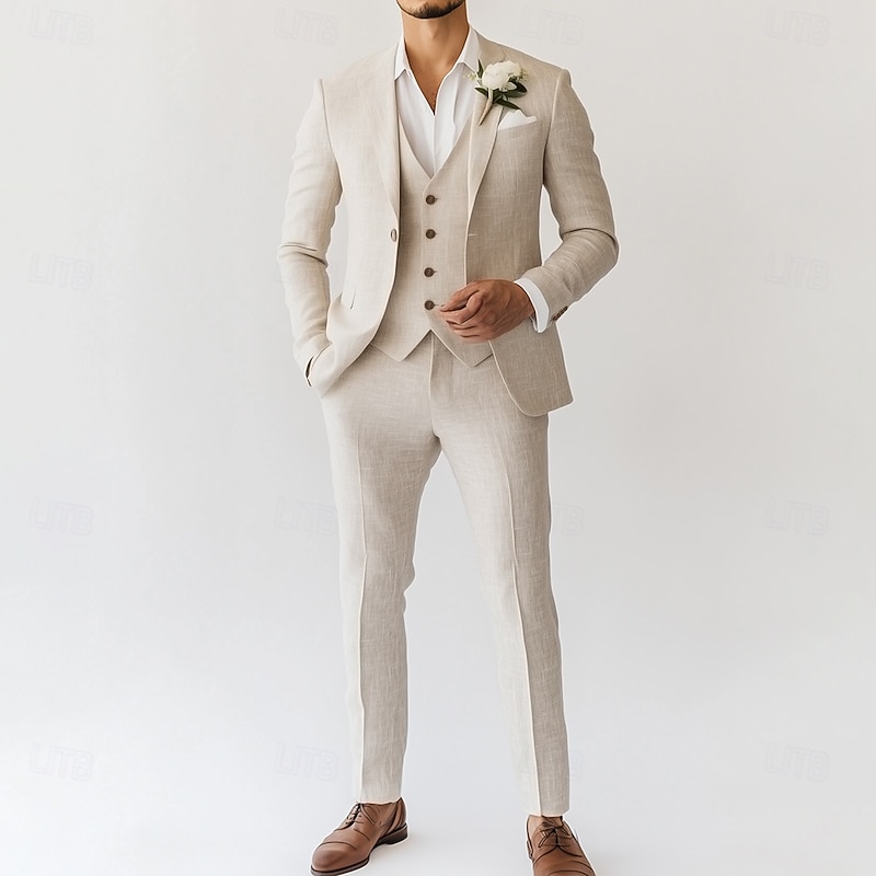Men's Wedding Linen Suits Notch Lapel Beige Fashion Formal Solid Colored Standard Fit 3 Piece Single Breasted One-button3