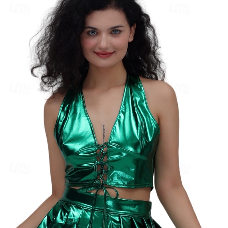 Retro Vintage 1980s Crop Top Disco Halter Shiny Latex Patent Metallic Fancy Dress Women's Halloween Carnival Pride Parade Pride Month Adults' Top Summer4