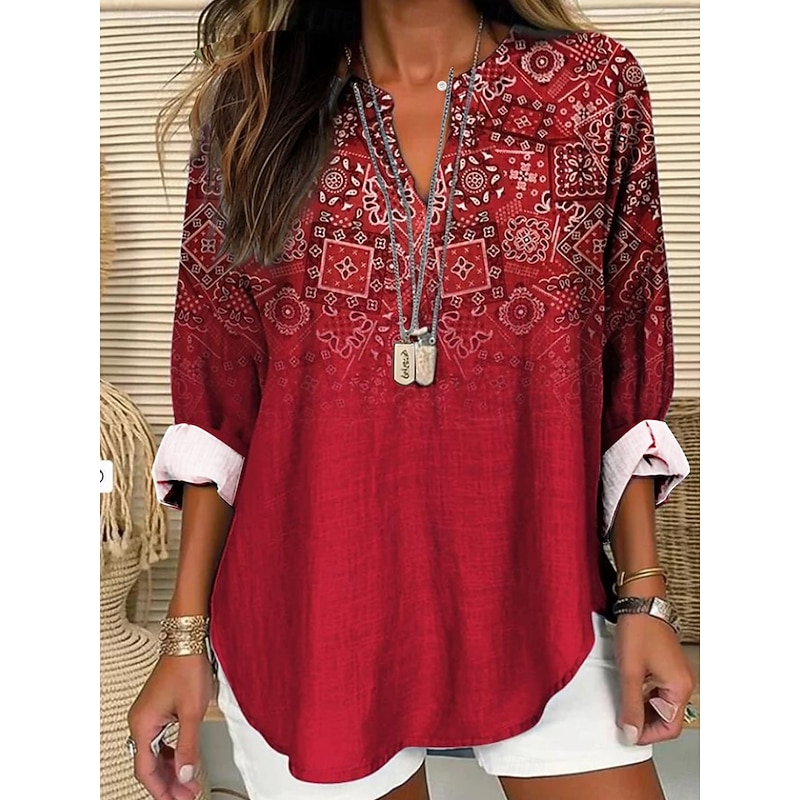 Women's Blouse Tunic V Neck Long Sleeve Boho Casual Cotton Linen Floral Basic Regular Tops Daily Buttons Print Pink Red Navy Blue Blue Purple