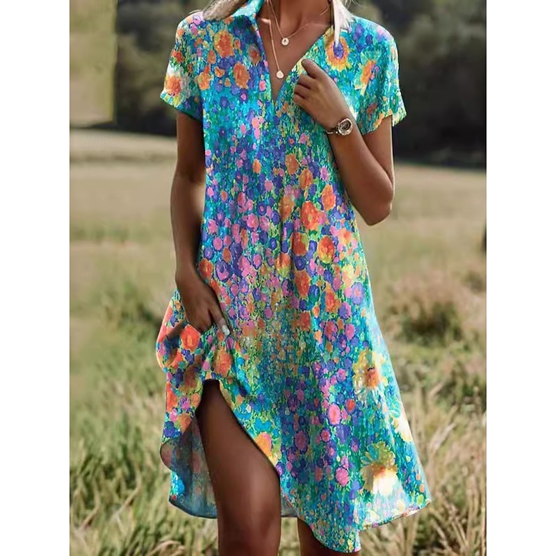Women's Mini Dress Casual Dress Summer Dress Boho Dress Tribal Vacation Daily Weekend Regular Fit Floral Short Sleeve Shirt Collar Aqua Blue Red Blue Brown Summer3