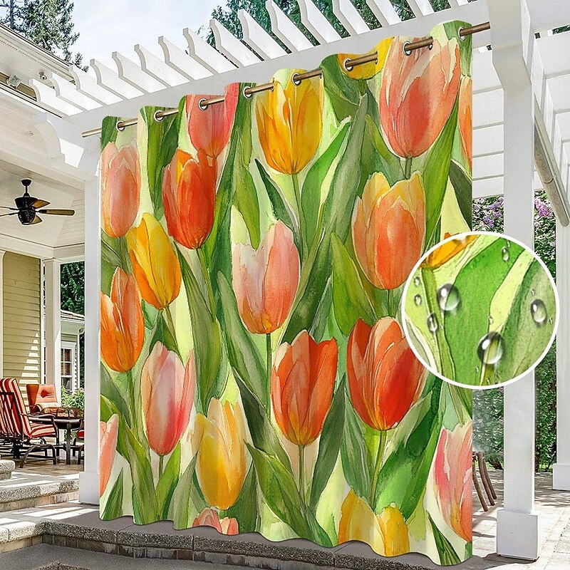 Waterproof Outdoor Curtain Privacy, Sliding Patio Curtain Drapes, Pergola Curtains Grommet 3D Summer Tulips Landscape For Gazebo, Balcony, Porch, Party, 1 Panel