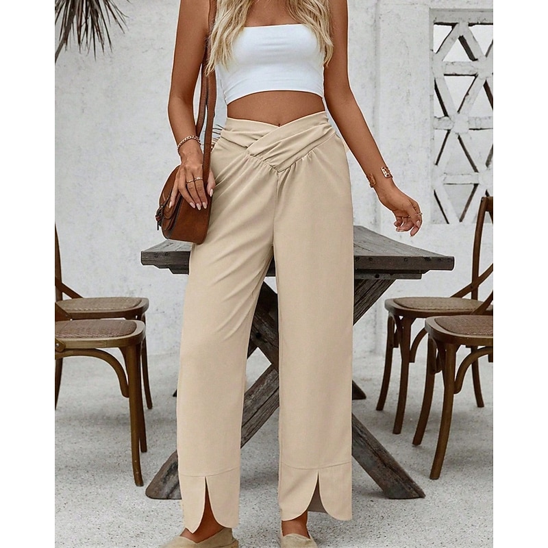 Women's Pants Trousers Palazzo Pants Fashion Streetwear Comfort Full Length Mid Waist Plain Elastic Waist Split Comfy Comfortable Street Daily Wear Going out Khaki Summer Spring Regular Fit3