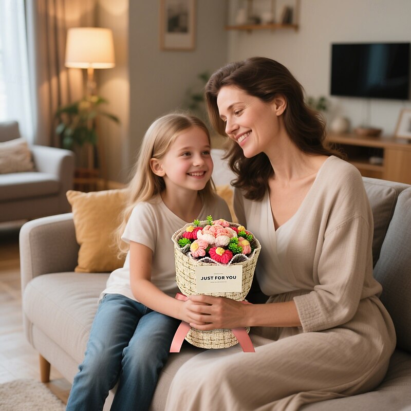 Crochet Flowers Bouquet Gift for Mom, Wife, Girlfriend – Handmade Yarn Flower Keepsake for Mother's Day, Valentine's, Graduation, Christmas, Anniversary, Birthday, Romantic Surprise3