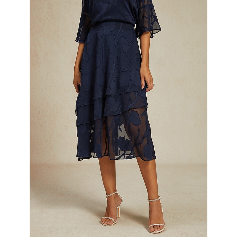Women's Skirt Elegant Midi Mid Waist Skirts Floral Layered Inelastic Party Causal Navy Blue Summer Chiffon4