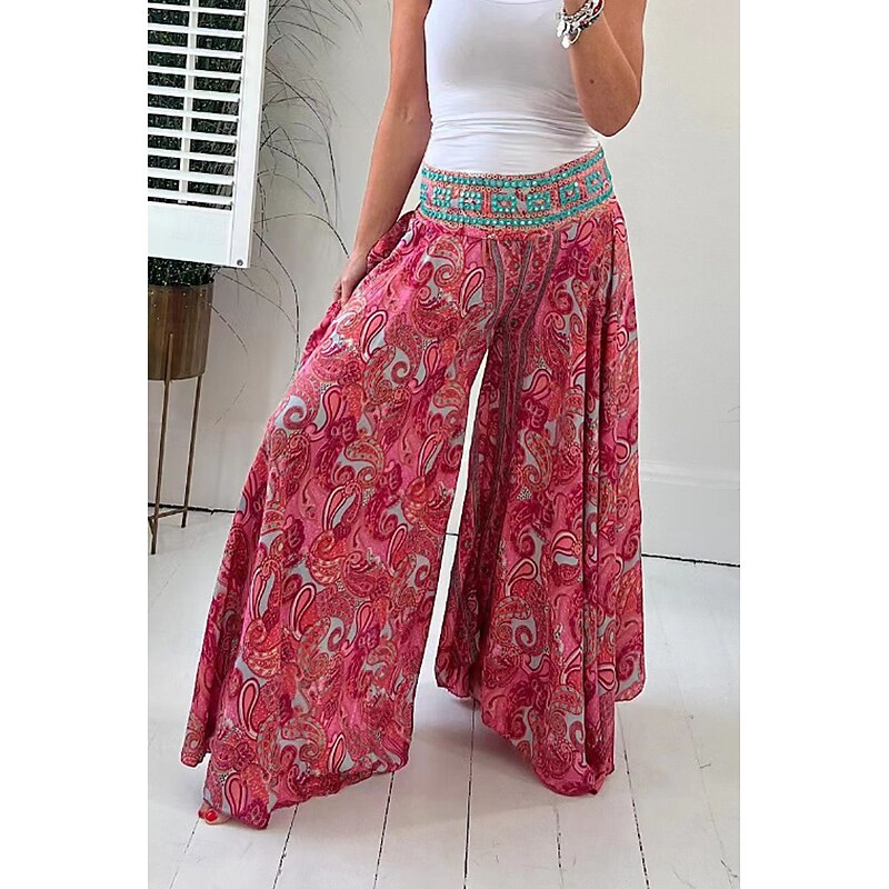 Women's Slacks Pants Trousers Casual Full Length Natural Flower Elastic Waist Printing Outdoor Comfortable Street Going out Magenta Green Summer Regular Fit