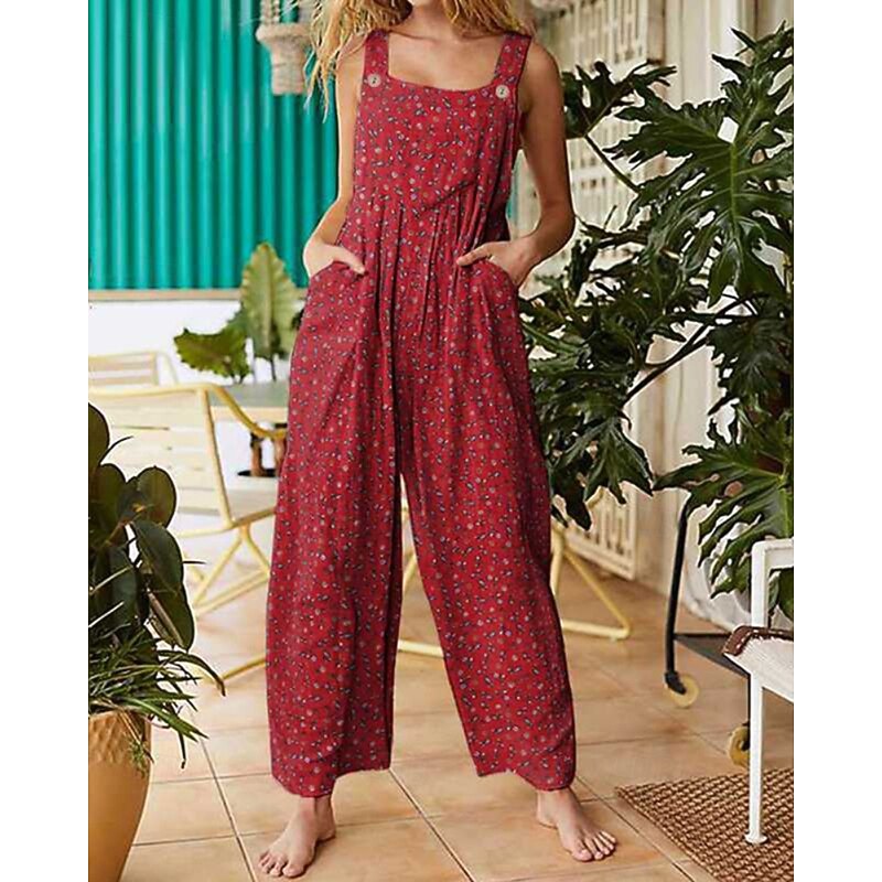 Women's Normal Jumpsuit Streetwear Floral Sleeveless U Neck Pocket Print Holiday Going out Regular Fit Black Yellow Red Summer2