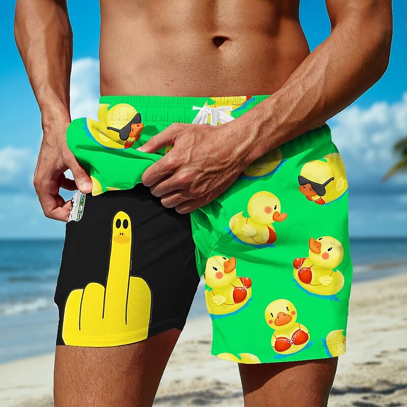 Men's Little Yellow Duck Funny Lined Shorts 2 in 1 Board Shorts Swim Shorts Mid Waist Hawaiian Holiday Beach Wear Side Pockets With Compression Liner Elastic Drawstring Waist Designer Clothing Apparel4