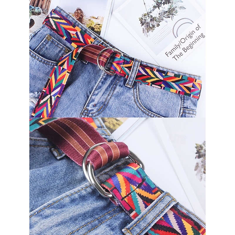 Fashionable geometric pattern belt for men and women - Colorful fabric belt with adjustable loop buckle - Stylish bohemian belt for casual and festive wear3