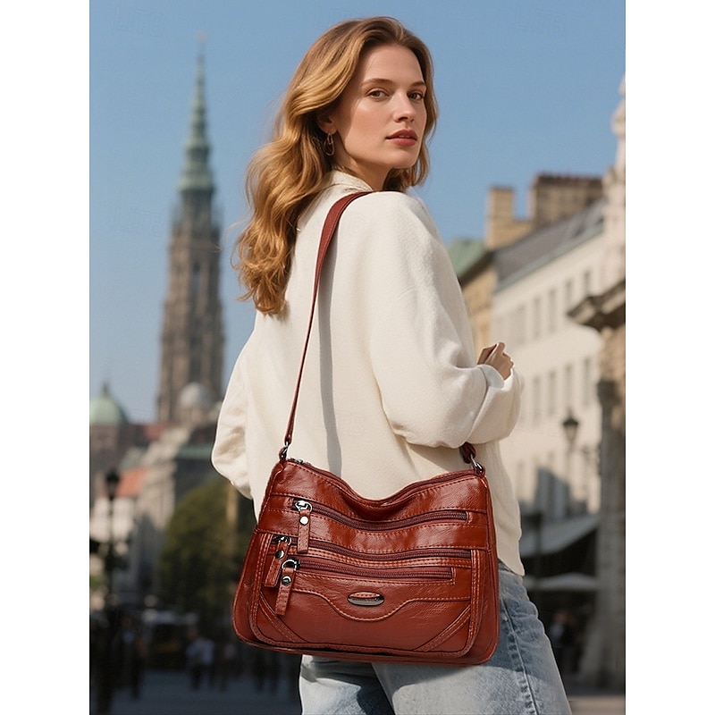 Women's Crossbody Bag Shoulder Bags PU Leather Office Casual Daily Mother's Day Zipper Large Capacity Lightweight Solid Color Dark Grey Wine Almond