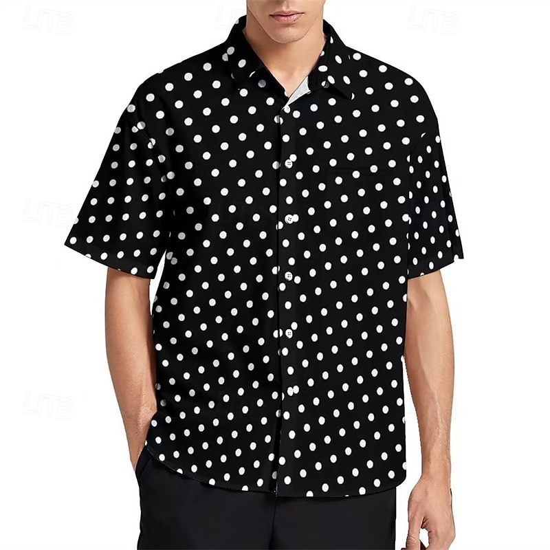 Men's Shirt Summer Shirt Casual Shirt Beach Shirt Button Up Shirt Black Short Sleeve Polka Dot Lapel Vacation Hawaiian Clothing Apparel Polyester Fashion Casual Comfortable