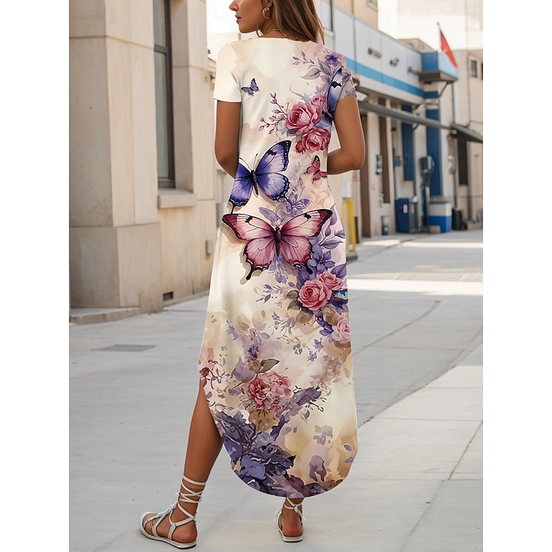 Women's Midi Dress T Shirt Dress Tee Dress Summer Dress Vacation Casual Beach Daily Tea Party Going out Regular Fit Floral Graphic Butterfly Short Sleeve Crew Neck Red Sky Blue Green Dark Blue Summer4