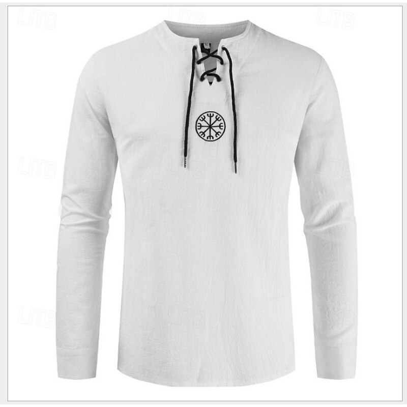 Medieval Renaissance 17th Century Medium Length Blouse / Shirt Cosplay Costume Knight Ritter Viking Celtic Knight Drawstring Solid Color Round Neck Fancy Dress Men's Pirate Halloween Masquerade2