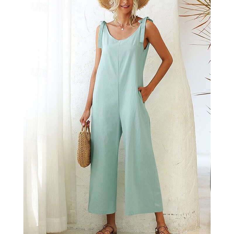 Women's Normal Dungarees Jumpsuit Streetwear Solid Color Sleeveless V Neck Backless Pocket Street Daily Regular Fit Black White Light Green Summer2