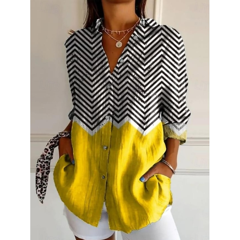 Women's Shirt Button Down Tunic Shirt Collar Long Sleeve Graphic Geometric Vintage Tropical Stylish Regular Tops Work Daily s Print Yellow Orange Khaki Spring Fall Winter