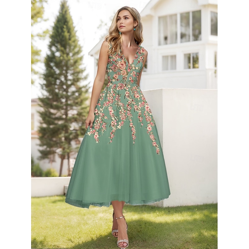 Floral Embroidered Lace A-line Tulle Prom Dresses Elegant Dress Formal Wedding Guest Tea Length Sleeveless V Neck