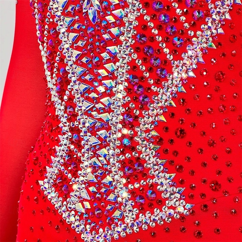 Figure Skating Dress Women's Girls' Ice Skating Dress Red Patchwork Open Back Mesh High Elasticity Training Competition Skating Wear Classic Crystal / Rhinestone Long Sleeve Ice Skating Figure Skating4