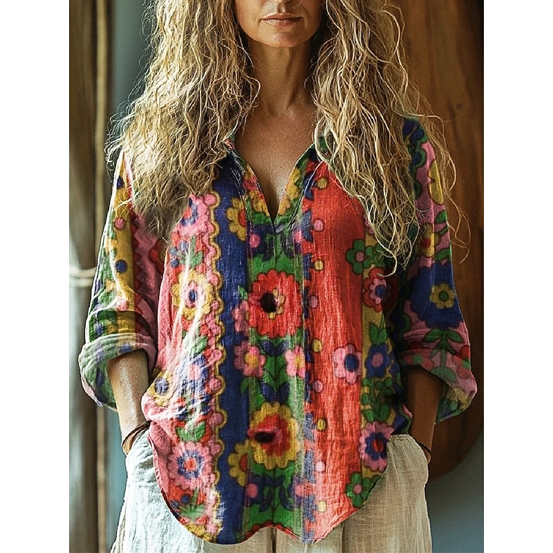 Women's Shirt Floral Bohemia Vintage Hawaiian Long Sleeve Shirt Collar Regular Tops Daily Holiday Buttons Print Black White Navy Blue Blue Purple Summer2