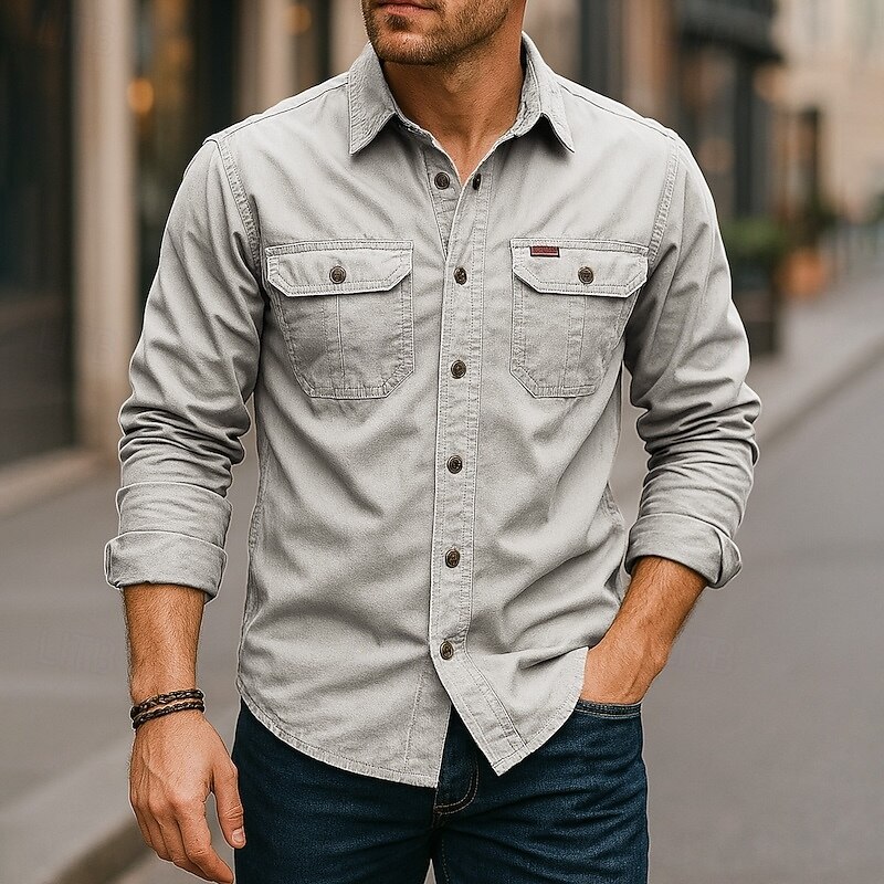 Men's Casual Shirt Work Shirt Button Up Shirt Dark Navy khaki Light Grey Army Green Long Sleeve Solid / Plain Color Lapel Vacation Holiday Button-Down Clothing Apparel Cotton Fashion Casual2