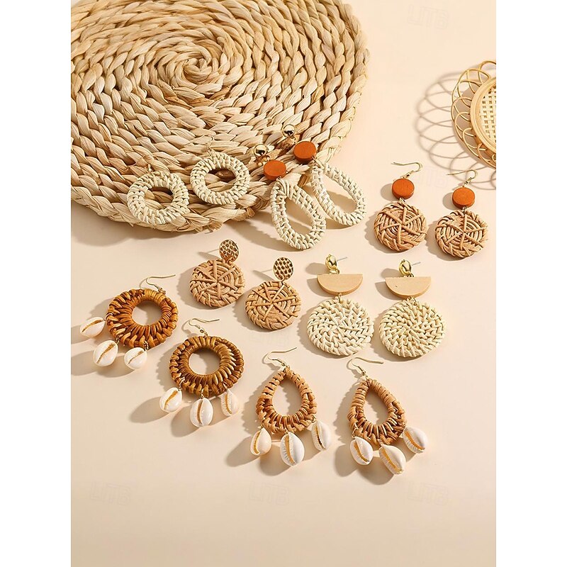 Boho Shell Drop Earrings for Women – Handmade Rattan Circle Dangle Earrings with Natural Cowrie Shells, Lightweight Beach Jewelry for Summer Vacation & Coastal Outfits2