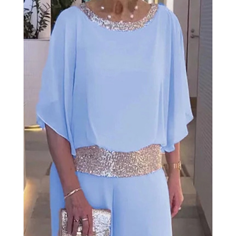 Two Piece Pantsuit Mother of the Bride Pantsuit Elegant Vintage Simple Boat Neck Floor Length Chiffon Half Sleeve with Sequin