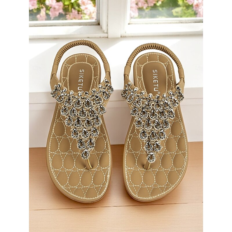 Women's Rhinestone T-Strap Flat Sandals – Sparkly Boho Style Summer Shoes for Beach Vacations, Casual Outings, and Resort Wear4