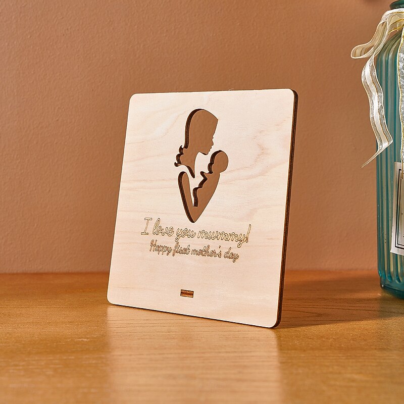 Mother's Day Wooden Table Decor Gift for Mom, Square Block with Mother and Child Carving and English Quote, Warm Holiday Home Decoration Ornament3
