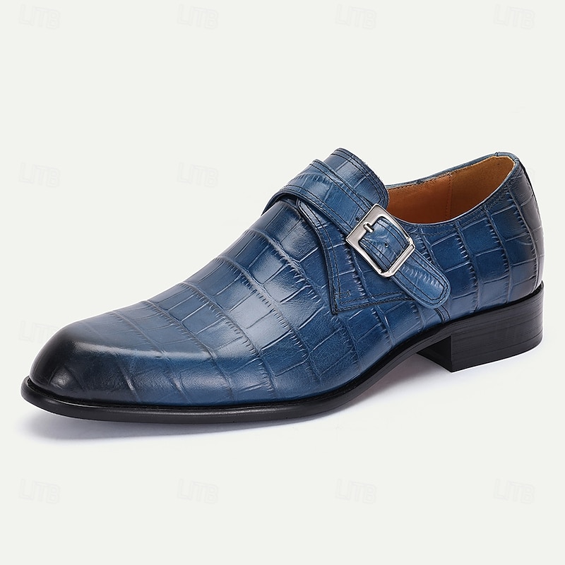 Men's Navy Blue Crocodile Pattern Leather Monk Shoes – Sophisticated Buckled Dress Shoes for Prom and Formal Events2