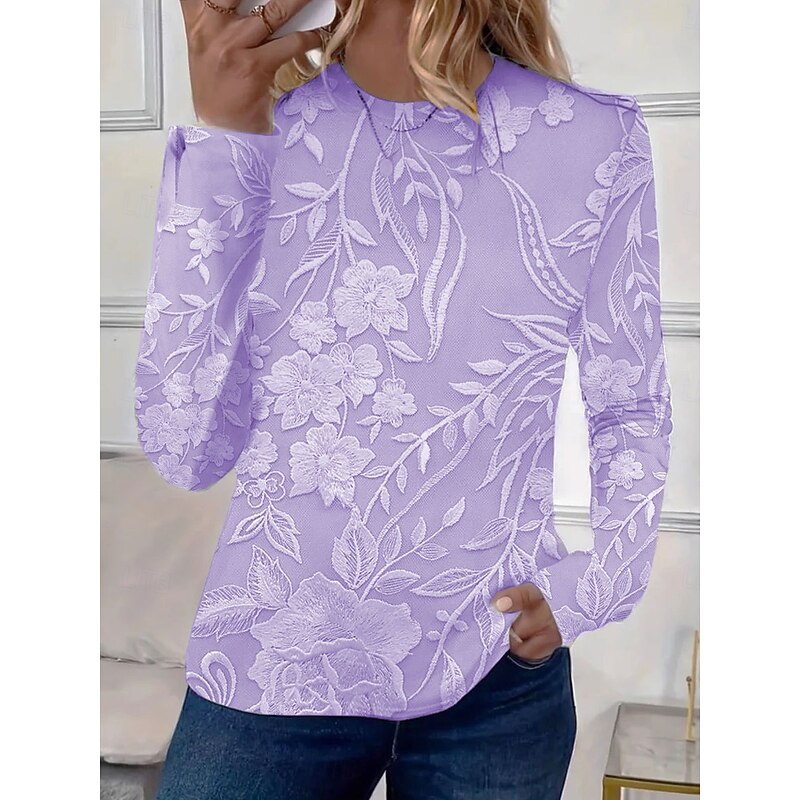 Women's T shirt Crew Neck Long Sleeve Tunic Floral Graphic Plants Elegant Casual  Round Neck Regular Tops Daily Print Pink Blue Purple Beige Spring Fall4