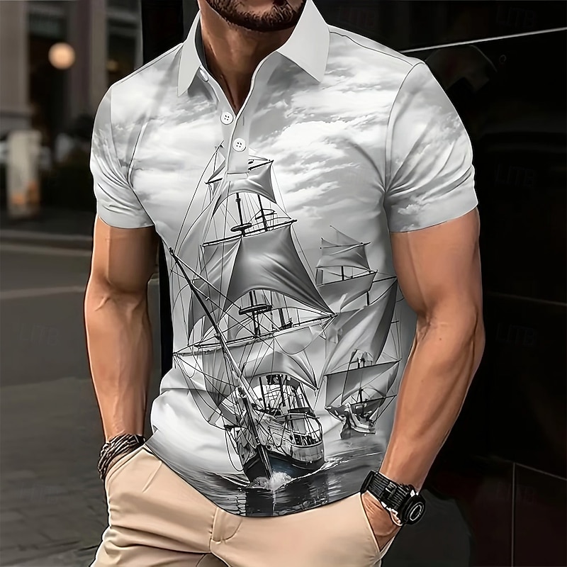 Men's Ship Polo Short Sleeve Polo Shirts Collared Shirts Vintage Outdoor Athleisure Daily Wear 3D Print Summer Gray