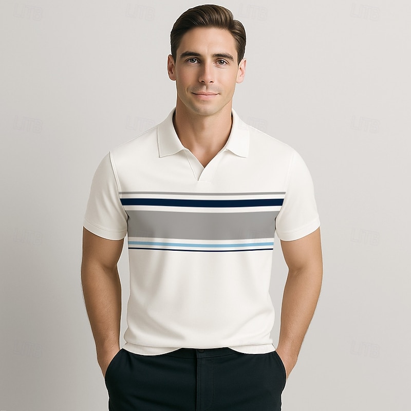 Men's Polo Work Business Seagull collar Short Sleeve Vacation Vintage Color Block Striped Color Block Stripe Summer Spring Black White Navy Blue Polo4