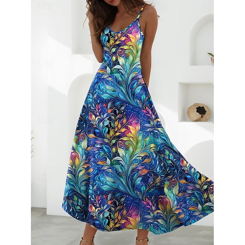 Women's Maxi Dress A Line Dress Slip Dress Vacation Casual Boho Party Going out Regular Fit Floral Graphic Sleeveless V Neck Blue Purple Brown Beige Summer Spring2