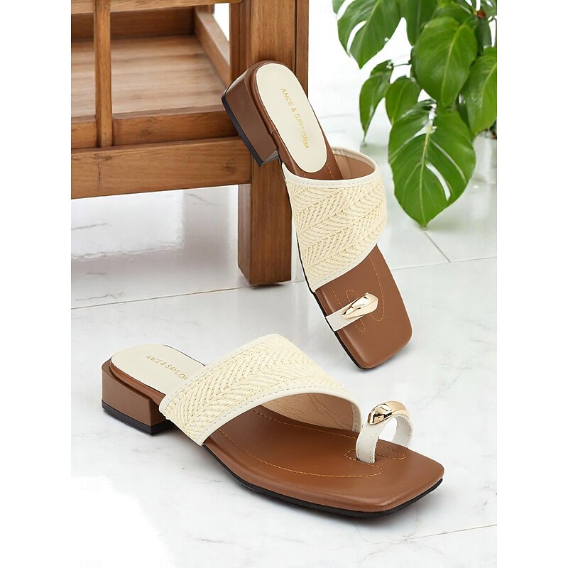 Women's Brown Square-Toe Slide Sandals – Woven Strap, Minimalist Style, Low Block Heel, Ideal for Casual Summer Wear and Daily Comfort