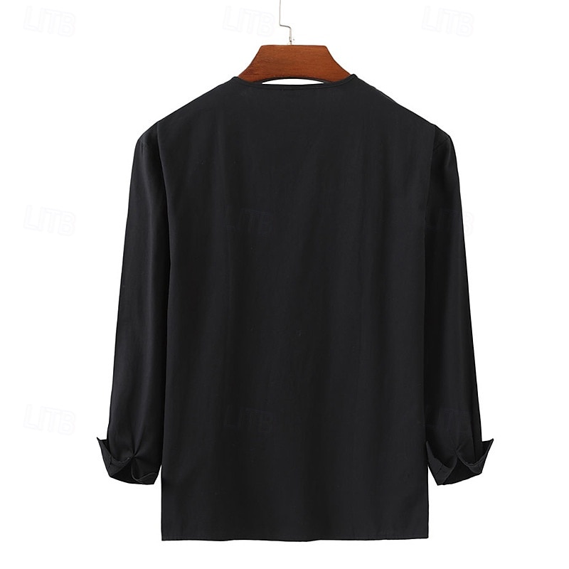 Men's Shirt Linen Shirt Viking Style Summer Shirt Beach Wear Pirate Shirt Solid Color Vacation Casual Black Navy Blue Sky Blue Green Long Sleeve Collarless Summer Spring Clothing Apparel Patchwork3