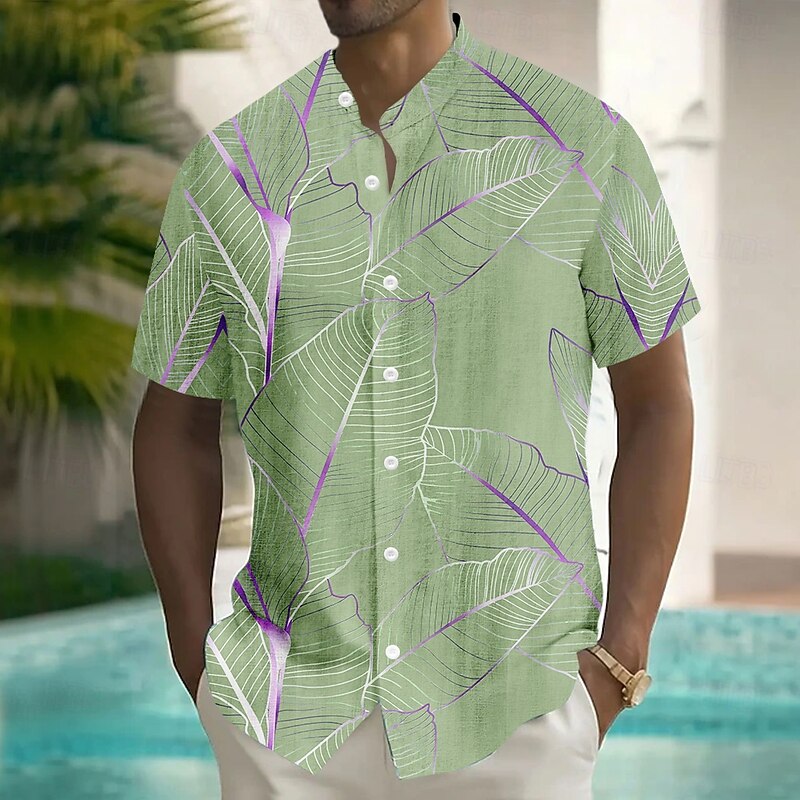Men's Palm Leaf Tropical Plants Summer Hawaiian Shirt Button Up Shirt Stand Collar Shirt Short Sleeve Hawaiian Vacation Dailywear Beach Wear Summer Spring Mandarin Collar 3D Print Linen Like Shirt2