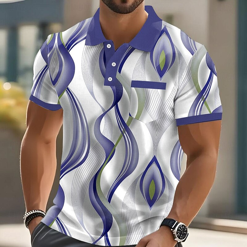 Men's Abstract Geometic Polo Short Sleeve Polo Shirts Collared Shirts Business Casual Outdoor Athleisure Daily Wear Pocket 3D Print Buttons Summer Blue Purple Green3