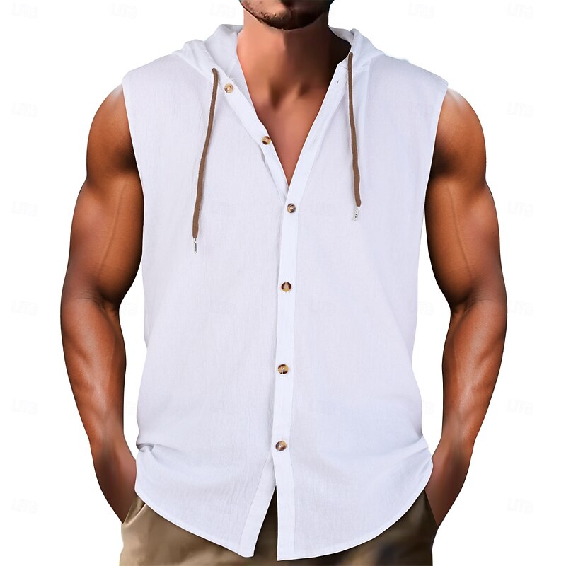 Men's Shirt Linen Shirt Summer Shirt Beach Wear Hooded Shirt Sleeveless Shirt Solid Color Vacation Street Black White Navy Blue Sky Blue Sleeveless Hoodie Summer Spring Clothing Apparel4