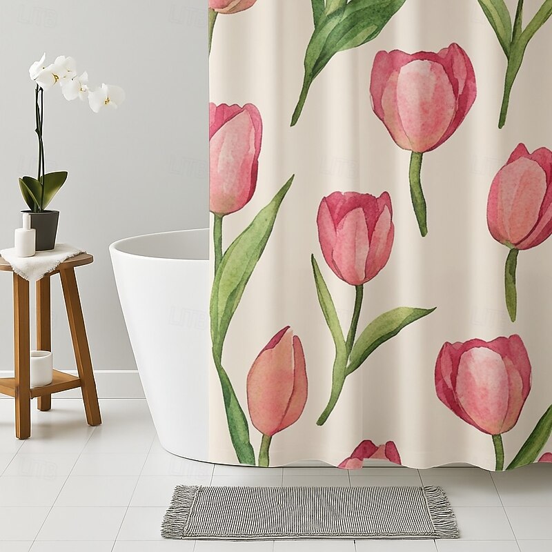 Shower Curtain with Hooks 180cm*180cm(70"*70") Polyester Washable Waterproof Floral Tulips Pattern Bathroom Decor3