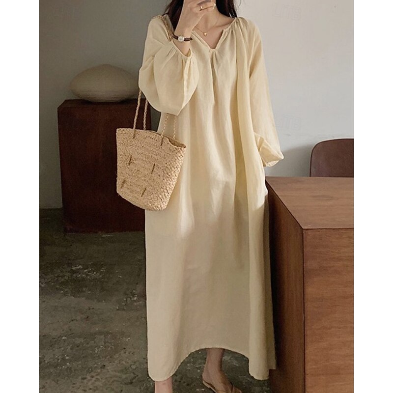 Women's Midi Dress Cotton Linen Dress Classic Modern Outdoor Vacation Holiday Regular Fit Plain Long Sleeve V Neck Black Pink Apricot Summer