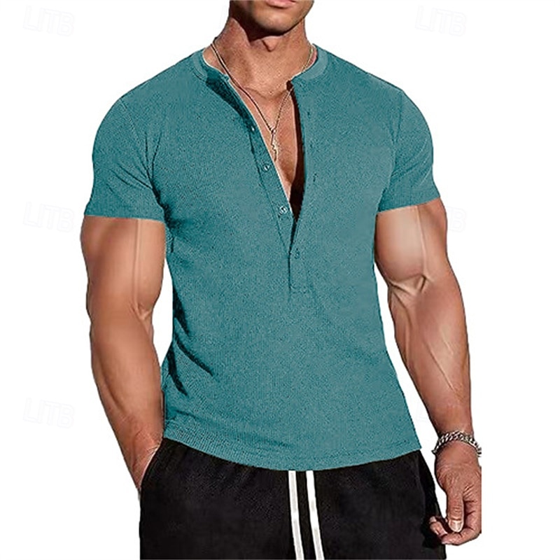Men's T Shirt Henley Shirt Tee Short Sleeve Shirt Short Sleeve Henley Summer Spring Plain Fashion Designer Basic Buttons Vacation Street Going out Black Blue Green Top Tee for Men