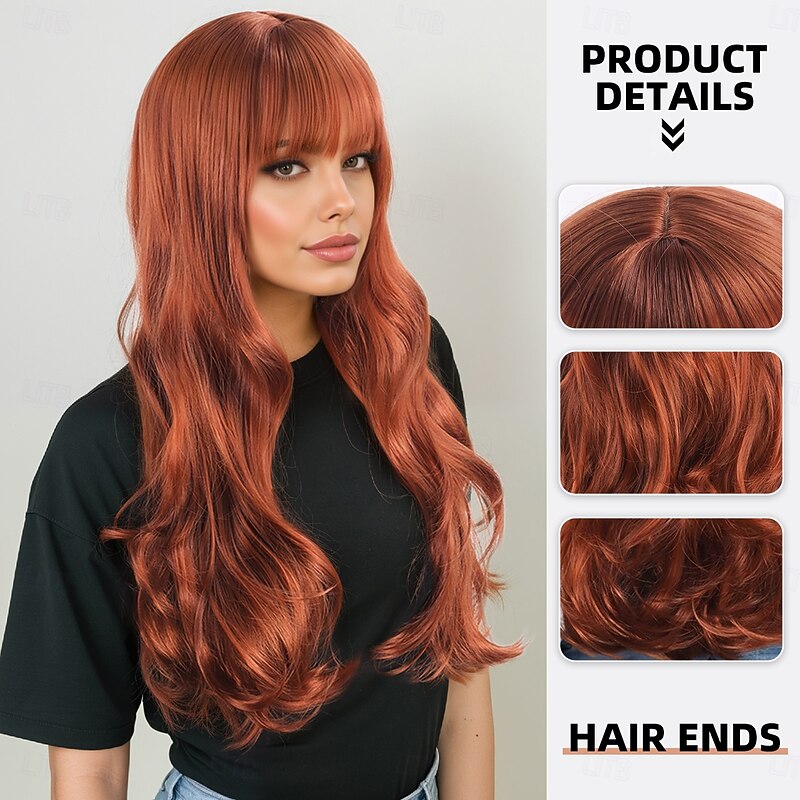 Synthetic Wig Wavy Deep Wave Layered Haircut Neat Bang Machine Made Wig 26 inch A1 Synthetic Hair Women's Classic Comfortable Highlighted / Balayage Hair Light Brown2